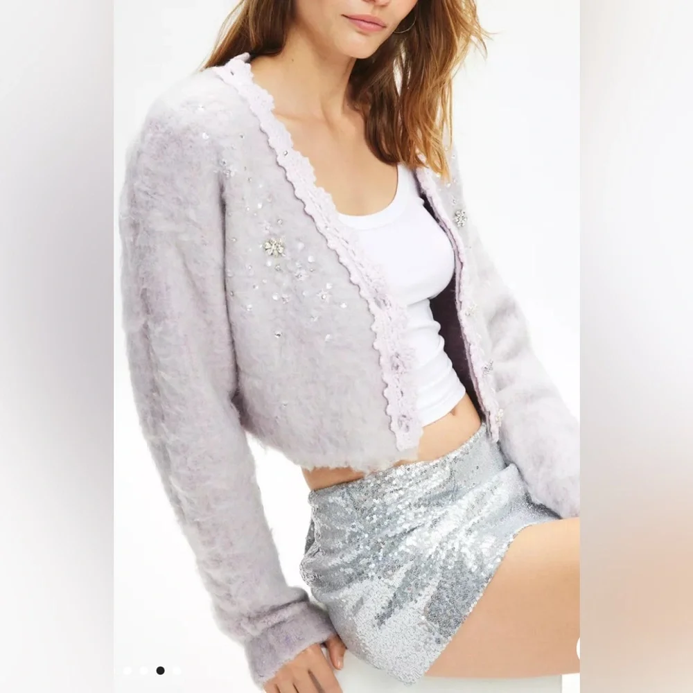 Urban Outfitters holiday party sweater in lilac, w/ pearls & rhinestones. Size M - Picture 9 of 11